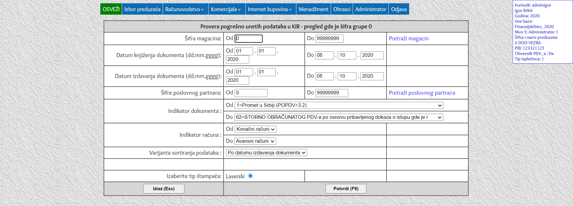 Provera pogresno unetih podataka u KIR