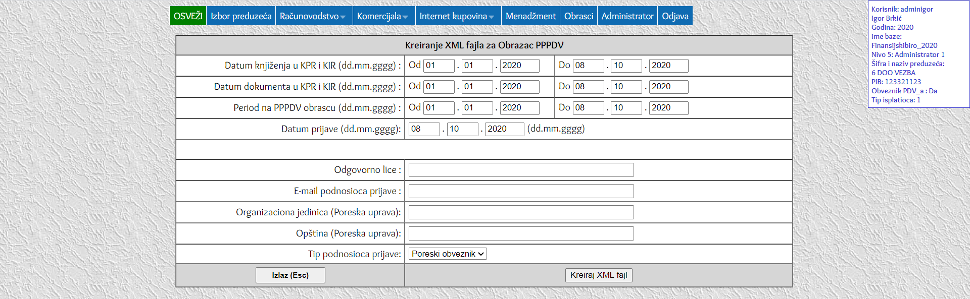 Kreiranje XML fajla za Obrazac PPPDV