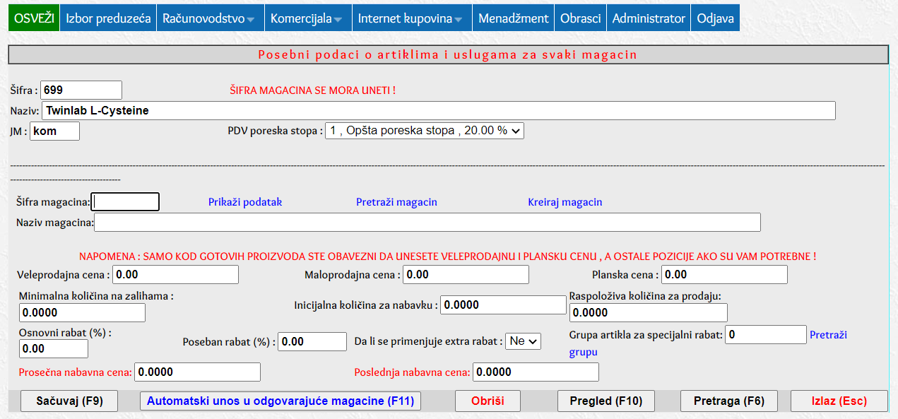 obrada cenovnika i posebnih podataka po magacinima