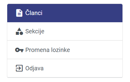 Meni CMS administratorske sekcije