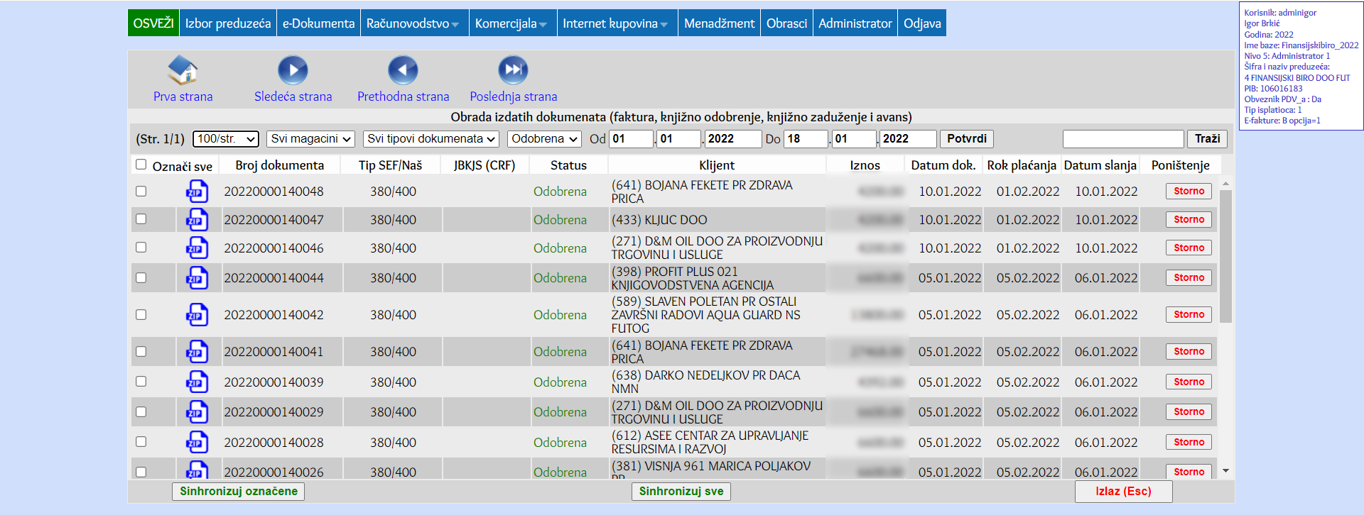 Primer filtera za status i odobrenih e-dokumenata kroz interni program za slanje elektronskih dokumenata