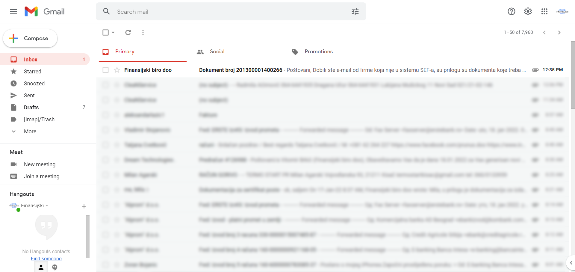Primer primljenog maila poslatog preko INTERNOG programa za slanje elektronskih dokumenata